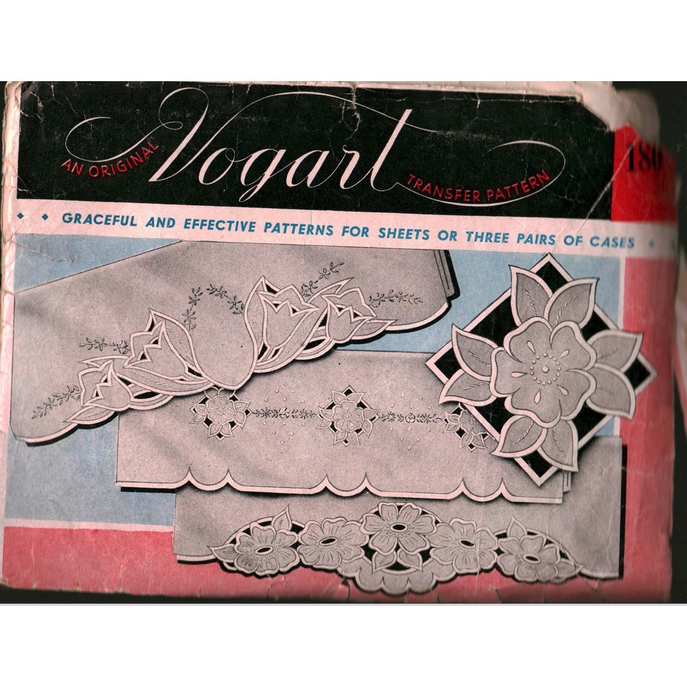 Vintage Vogart 180 Embroidery Transfer Pattern Tulips Roses Daisies Cut Work